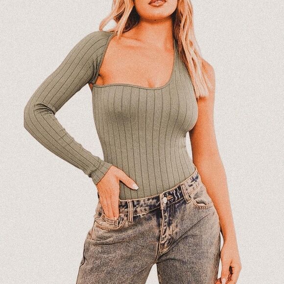 PrettyLittleThing Tops - PrettyLittleThing Green Ribbed One-Sleeve Cutout Bodysuit Y2K Soft Grunge Small